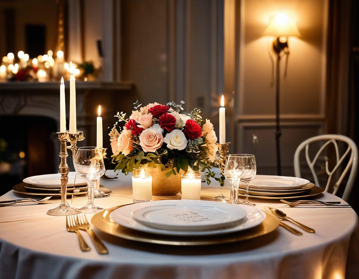 A beautifully arranged table set for a romantic dinner, featuring soft candlelight, delicate floral centerpieces, and fine china. The ambiance is warm and inviting, with fairy lights twinkling in the background, representing a perfect setting for special occasions. Include subtle hints of personalization, like custom place cards and thoughtful decorations. soft focus. vibrant colors. super-realistic.