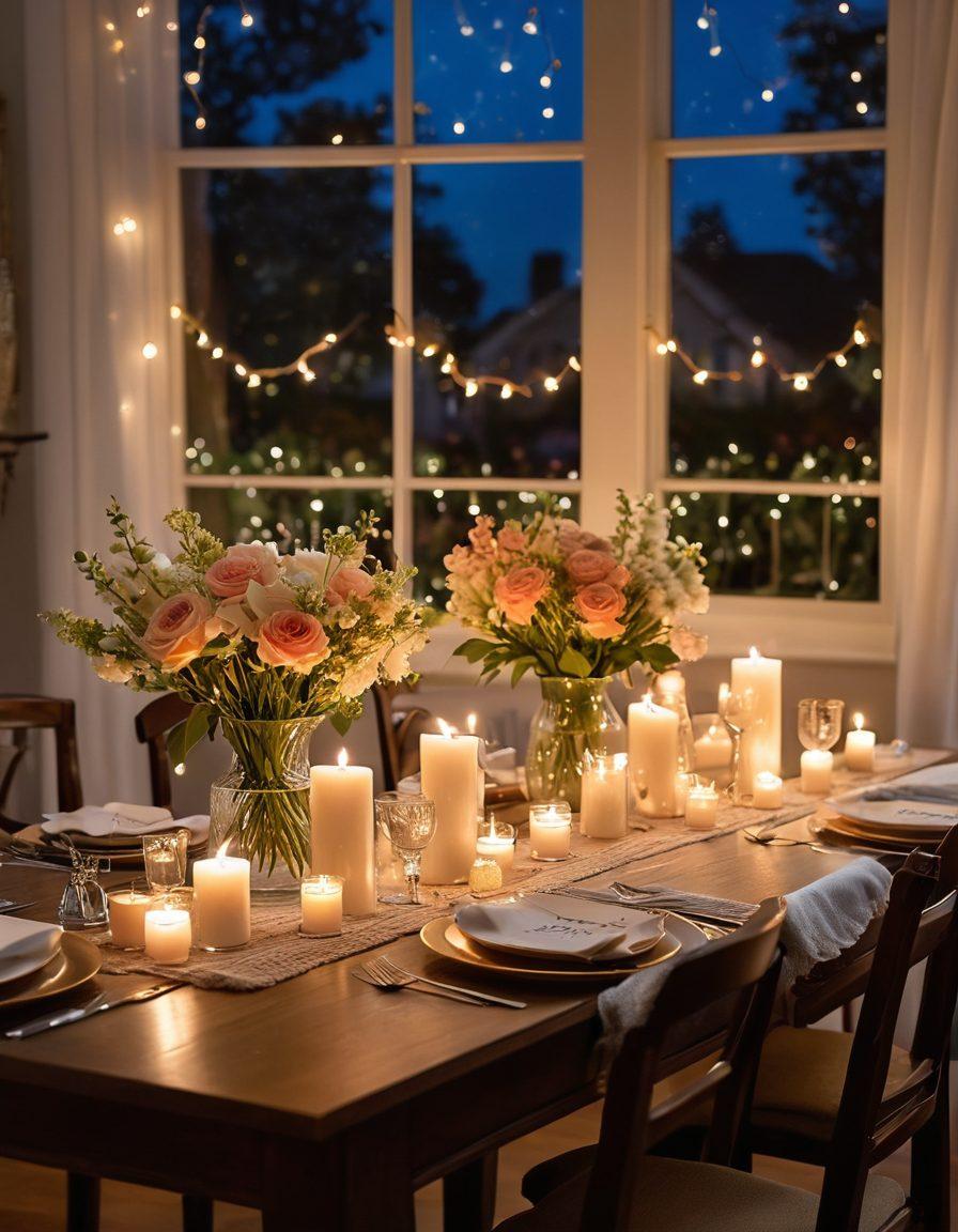 A beautifully set romantic dining table adorned with soft glowing candles, delicate flowers, and personalized decor items like engraved name cards. In the background, a softly lit ambiance with fairy lights and tasteful decorations that evoke warmth and intimacy for a celebration. Incorporate elements like a cozy blanket draped over a chair and twinkling stars visible through a window. super-realistic. vibrant colors. warm tones.