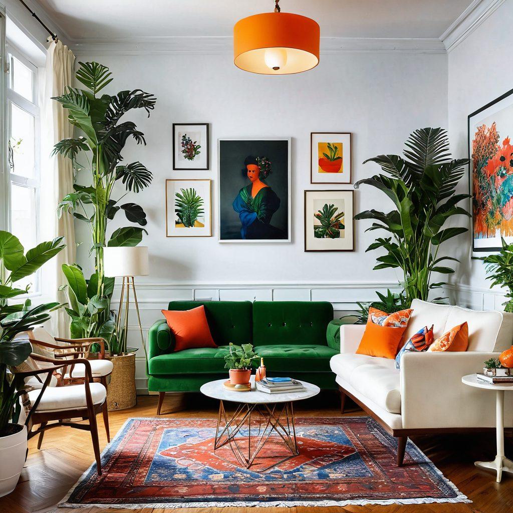 A beautifully styled room featuring unique thematic decorations, showcasing vibrant colors and creative designs that elevate the atmosphere. Include an elegant mix of vintage and modern furniture, art pieces that reflect diverse cultures, and lush greenery to enhance the aesthetic. The lighting should be warm and inviting, creating a cozy environment for inspiration. super-realistic. vibrant colors. white background.